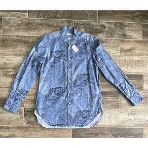 $1,895 NWT Kiton Blue Multi Tonal Leaf Cotton Front Button Long Sleeve Shirt M